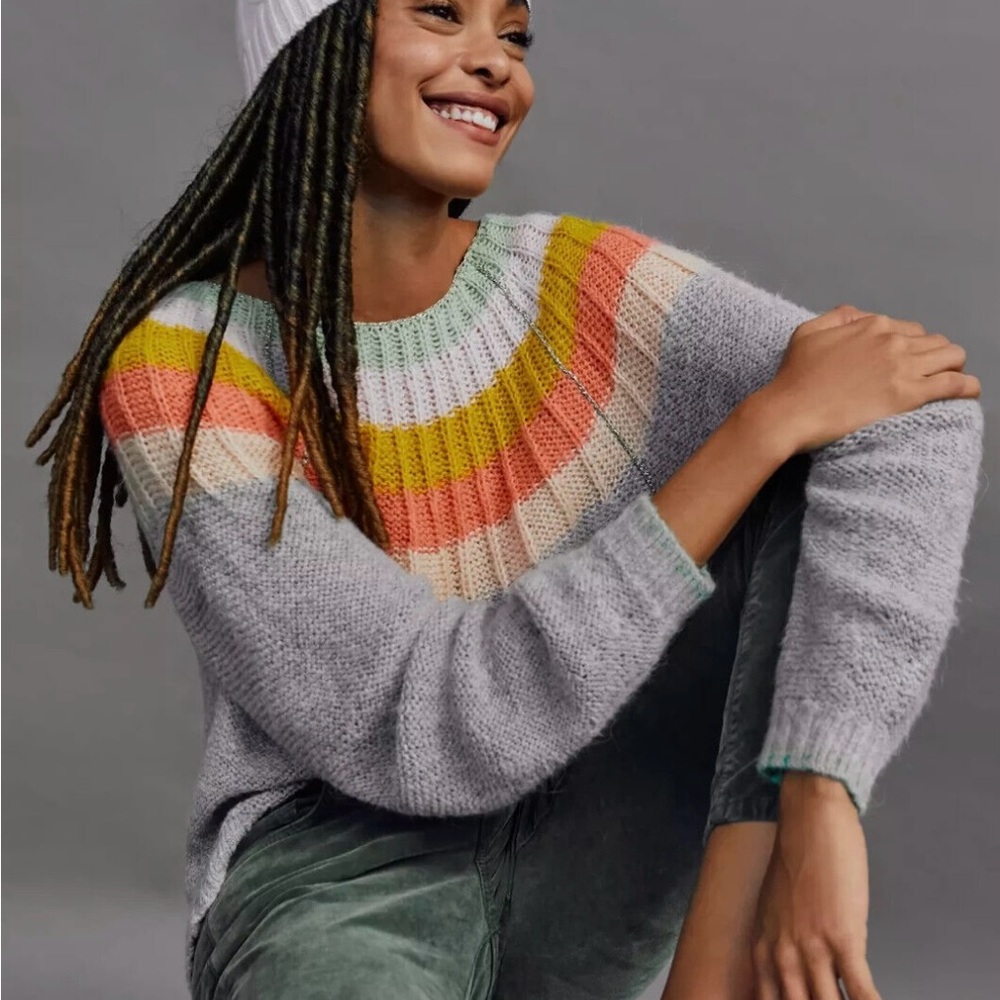 By Anthropologie Colleen Wool Alpaca Blend Colorful Knit Striped Sweater